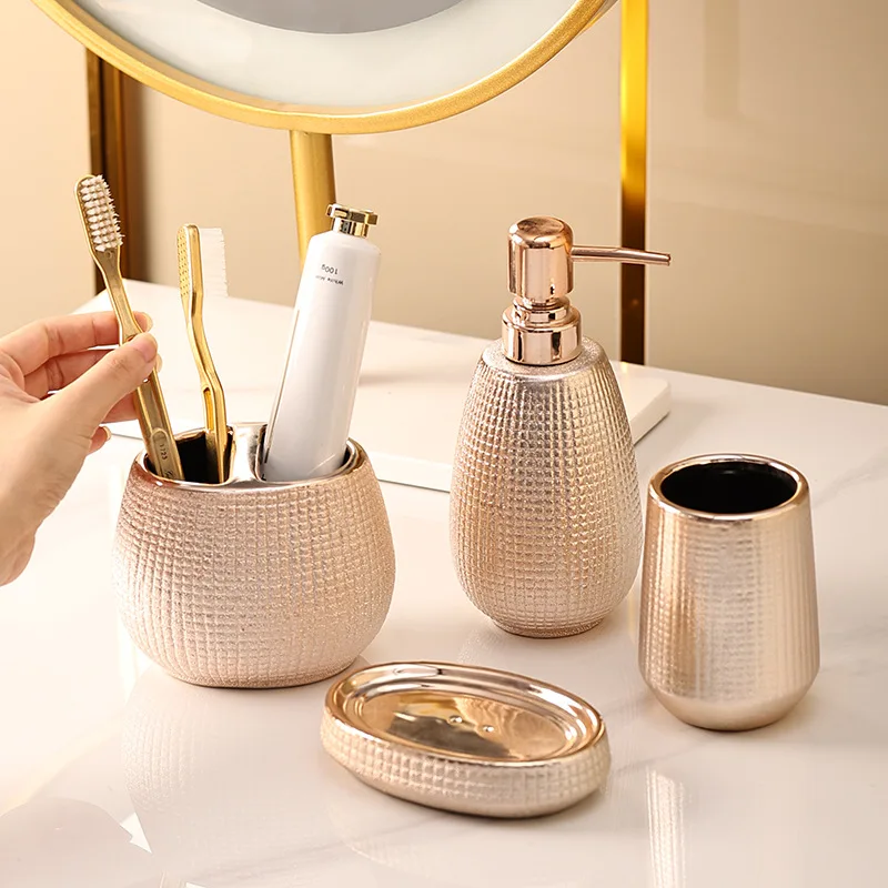rose gold ceramic toiletry set toothbrush holder gargle cup bathroom accessories lotion bottle soap dish hotel home bathroom set free global shipping