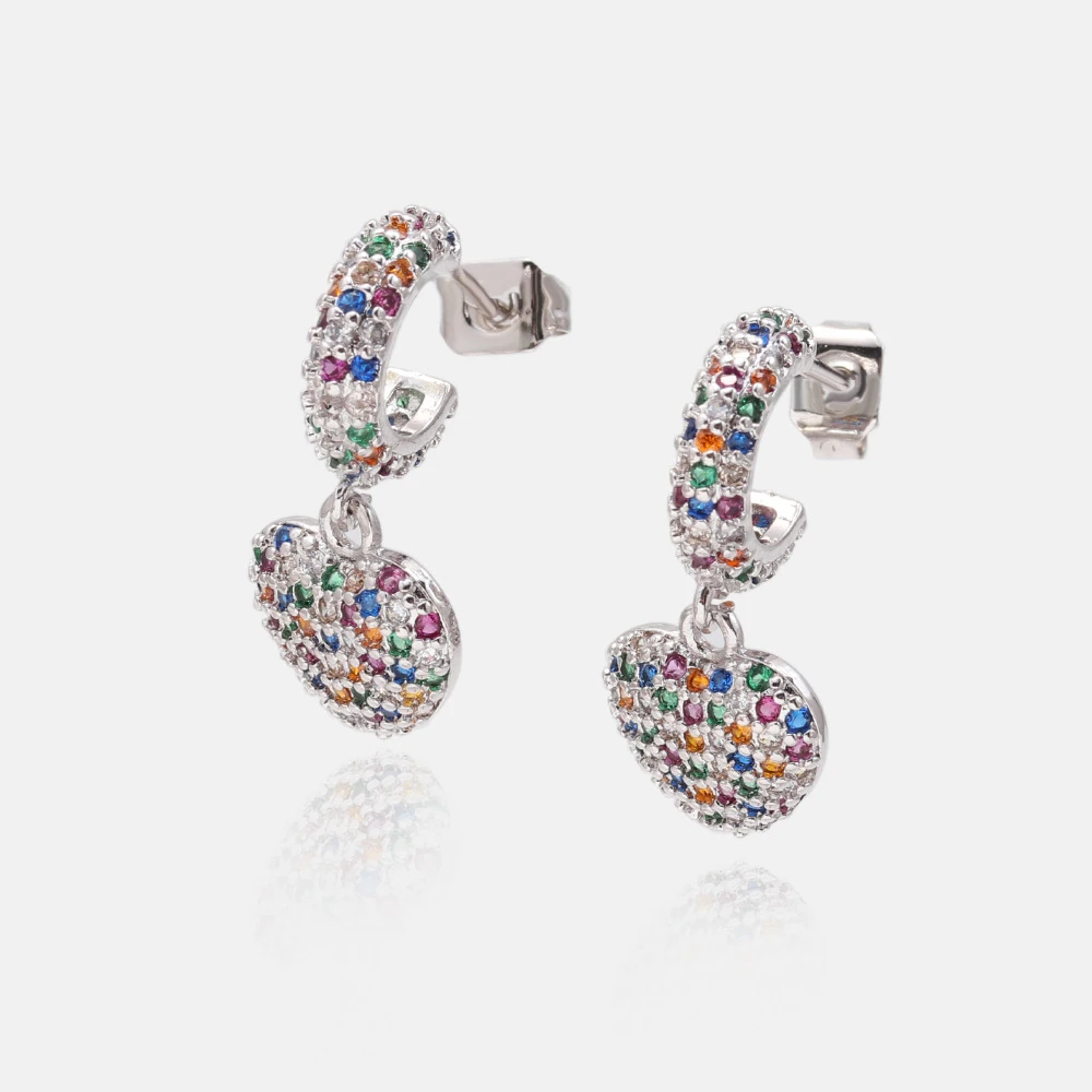 Модные серьги с кубическим цирконием и радужным сердцем Разноцветные фианитами