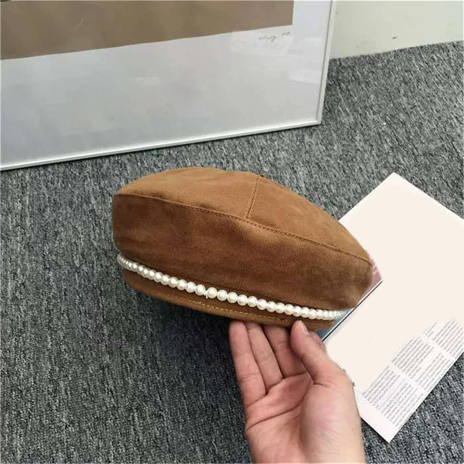 

British Fashion Retro Faux Pearl Women Autumn Winter Outdoor Warm Beret Hat Cap