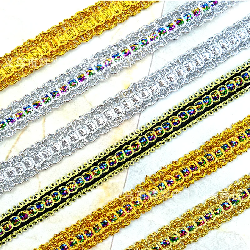 

13 Yards Sequined Embroidery Lace For Carnival Cosumes Ribbon Lace Wave Crochet Gold Silver Braid Trims Gold Sewing Band 1.4cm