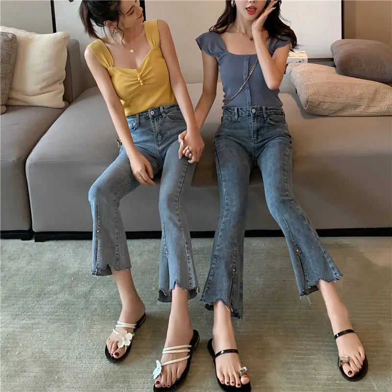 Женские джинсы-клеш однотонные с высокой талией модель размера плюс 5XL |