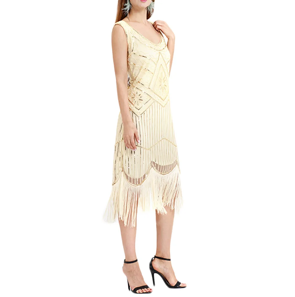 Женское летнее платье в богемном стиле винтажное с бахромой и бусинами кружевное