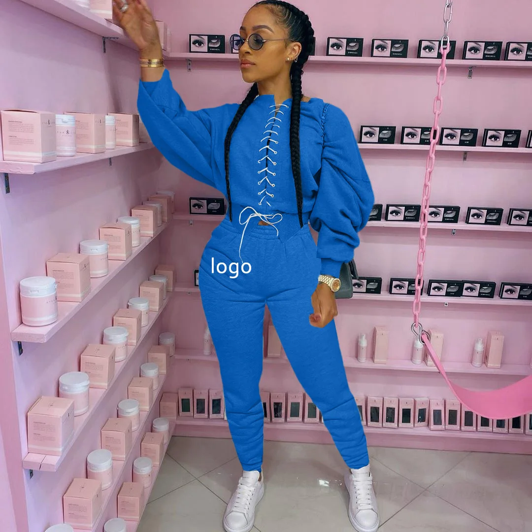 

Custom Logo Fall Set Women Clothing Solid Lace-up Womens Sweatshirt High Quality Jogger Set