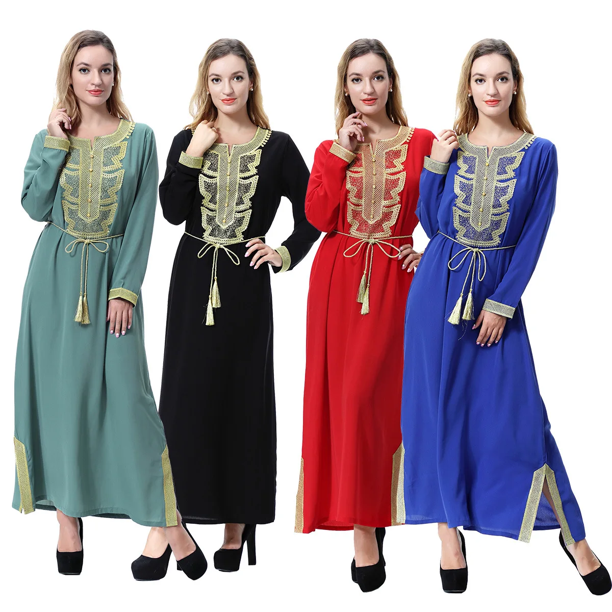 

Dubai Muslim Abaya for Women Saudi Long Dress AppliqueJalabiya Islamic Clothing Moroccan Kaftan Lace-up Split Party Vestidos