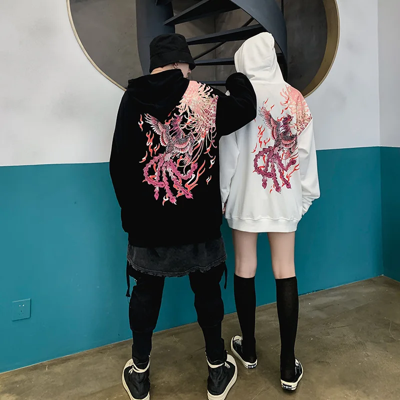 Толстовки для мужчин Harajuku японский стиль Феникс печати пуловер Кофты Уличная мода хип хоп повседневные топы с капюшоном WG454