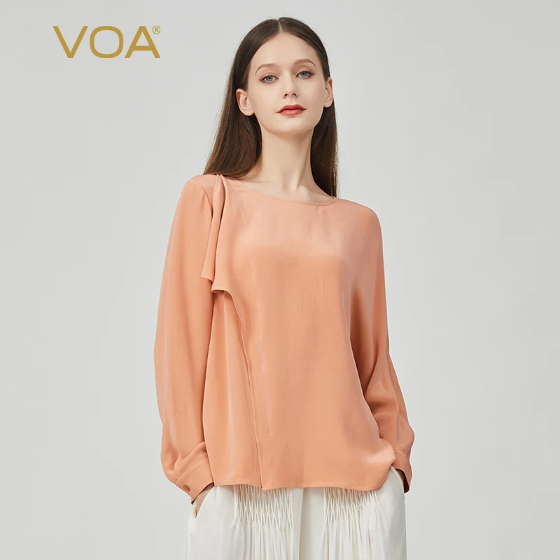 

VOA Simple Asymmetrical Shirt with Long Sleeves Tops Autumn O-Neck Office Lady Solid Woman Tshirts Casual Silk Top Female BE812