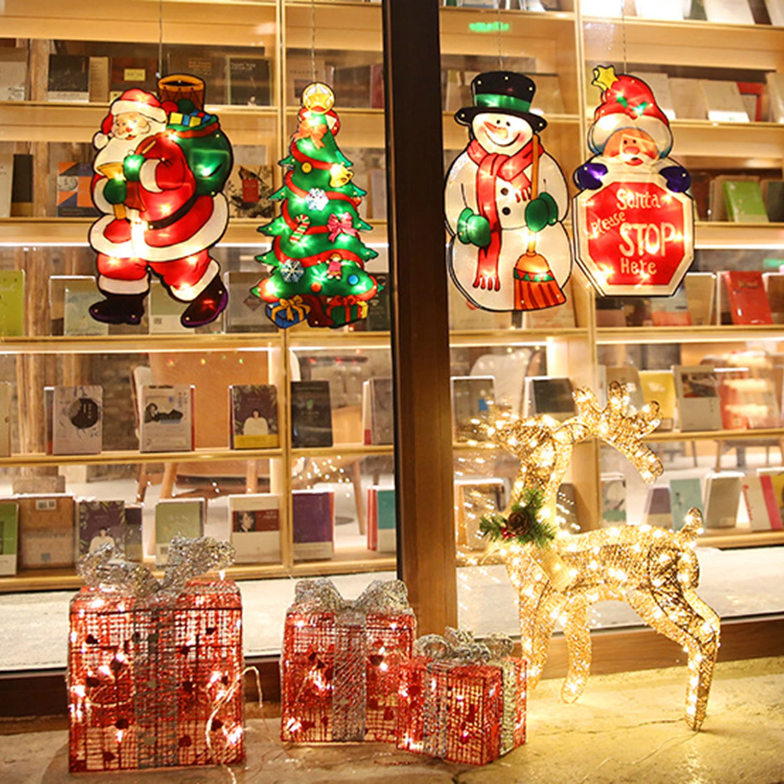 

3D Christmas String Lights with Suction Cup PVC Hanging Lights Snowman Santa Elk Chandelier for Party Christmas Tree Decorations