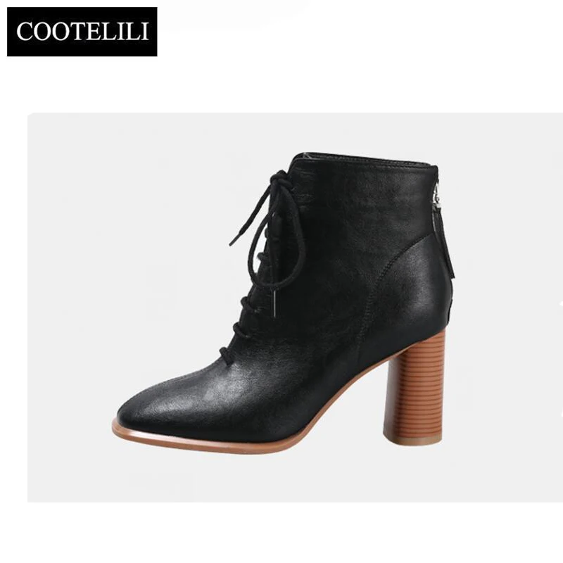 

LIBIELIy Women Ankle Boots Keep Warm Square Toe 7cm Heel Zip And Lace Up Shoes Black Basic Shoes For Woman Botas Mujer 35-39