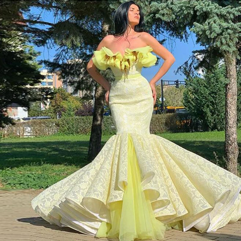 

Trendy Off Shoulder Lace Applique Mermaid Evening Formal Dress Abendkleider Couture Made Arabic Long Pageant Celebrity Prom Gown