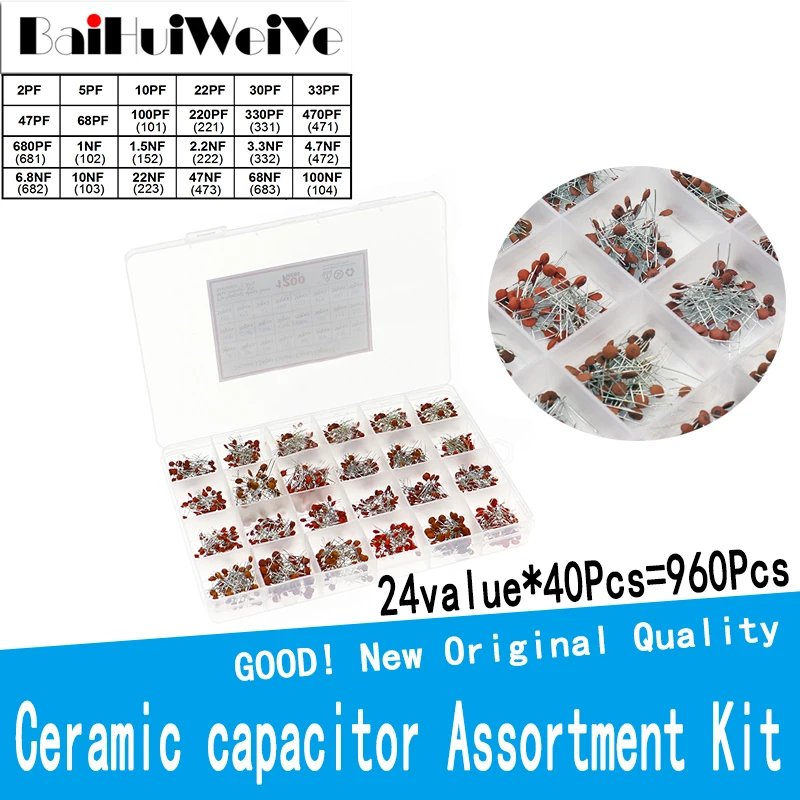 

960PCS/LOT Ceramic Capacitor Assortment Kit BOX Set 2PF-100NF 24Value*40Pcs 50V Electronic Capacitors Components DIY Package