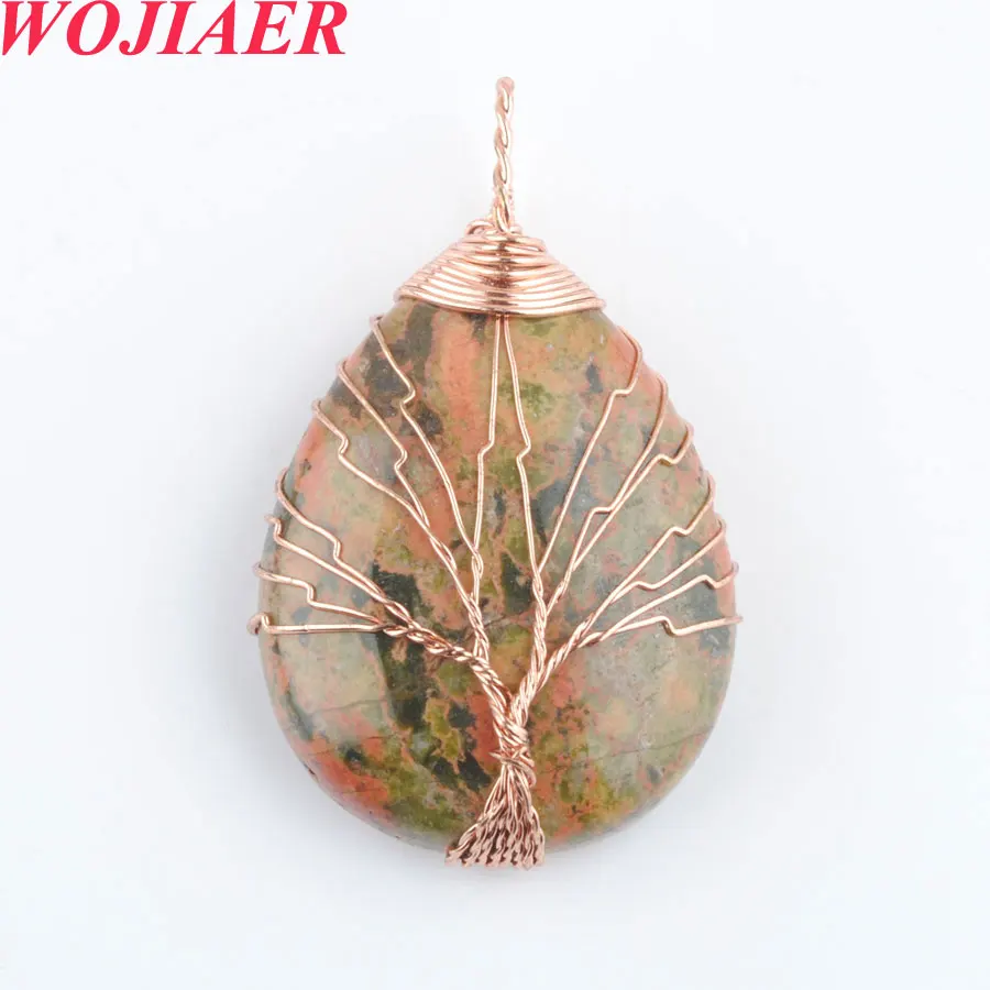 

WOJIAER 6pc Handmade Wrap Wire Tree of Life Pendant Water Drop Shape Natural Stone Unakite Jasper PO9016
