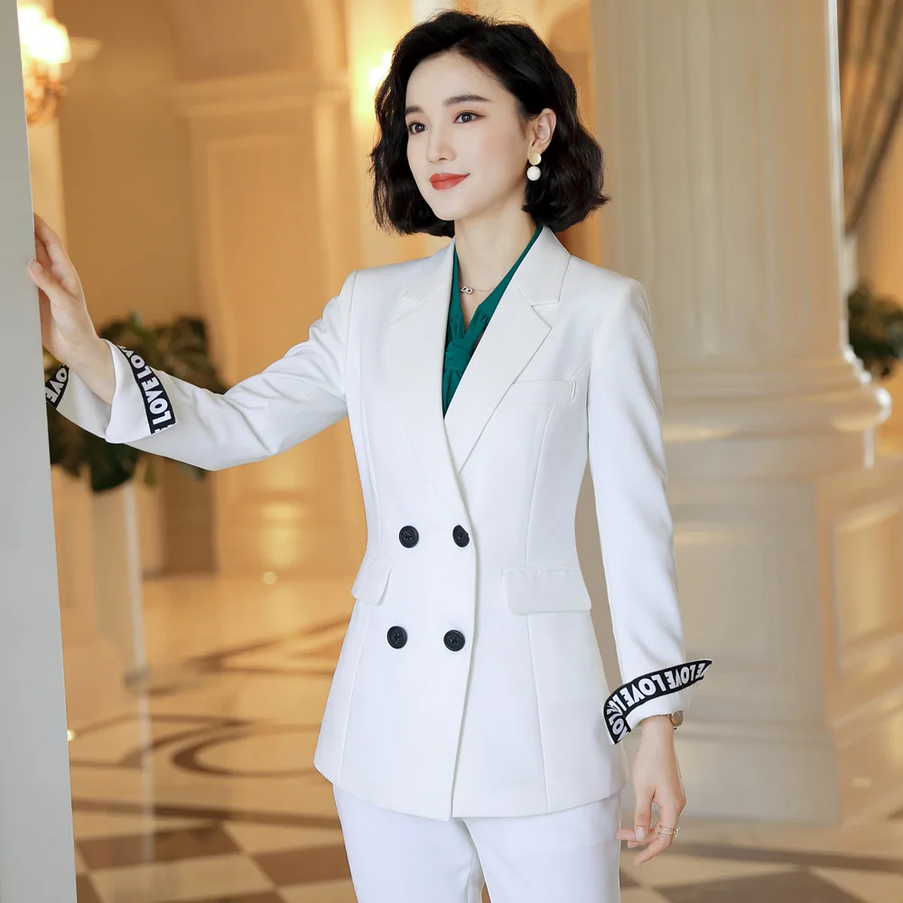 Женские Брючные костюмы больших размеров официальный белый блейзер с длинным