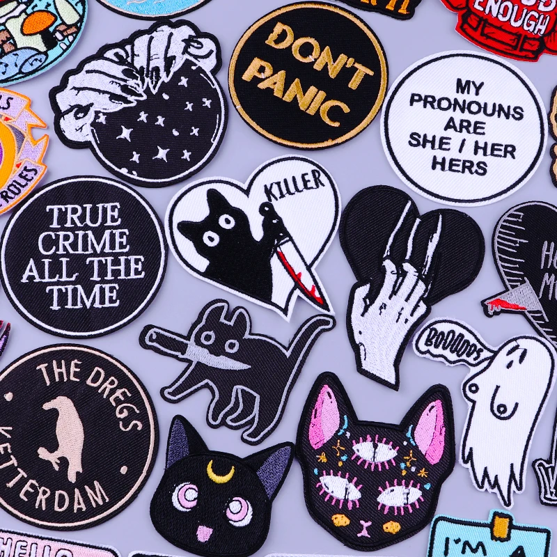 Нашивки в стиле панк с котом и ножом полоску вышивкой для одежды самодельные