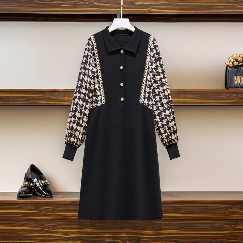 

4XL plus size women elegant vintage plaid dress autumn winter 2021 long sleeve turn down collar Patchwork kintting dresses