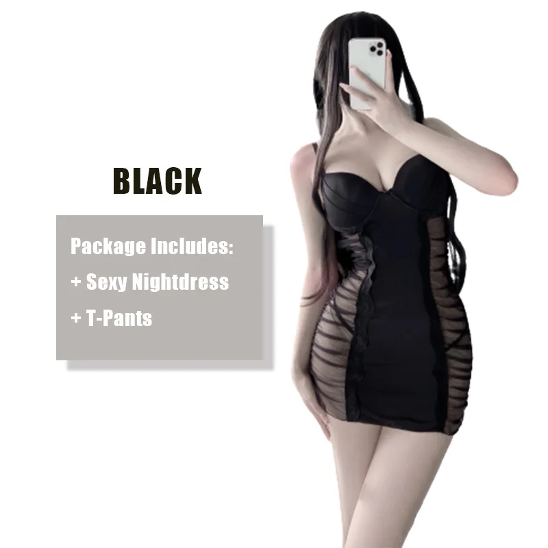 

Women's Lingerie Lace Strap Chemise Mesh Sleepwear Black Transparent Pajamas Sexy Body Curves Outfits For Female Night Dress