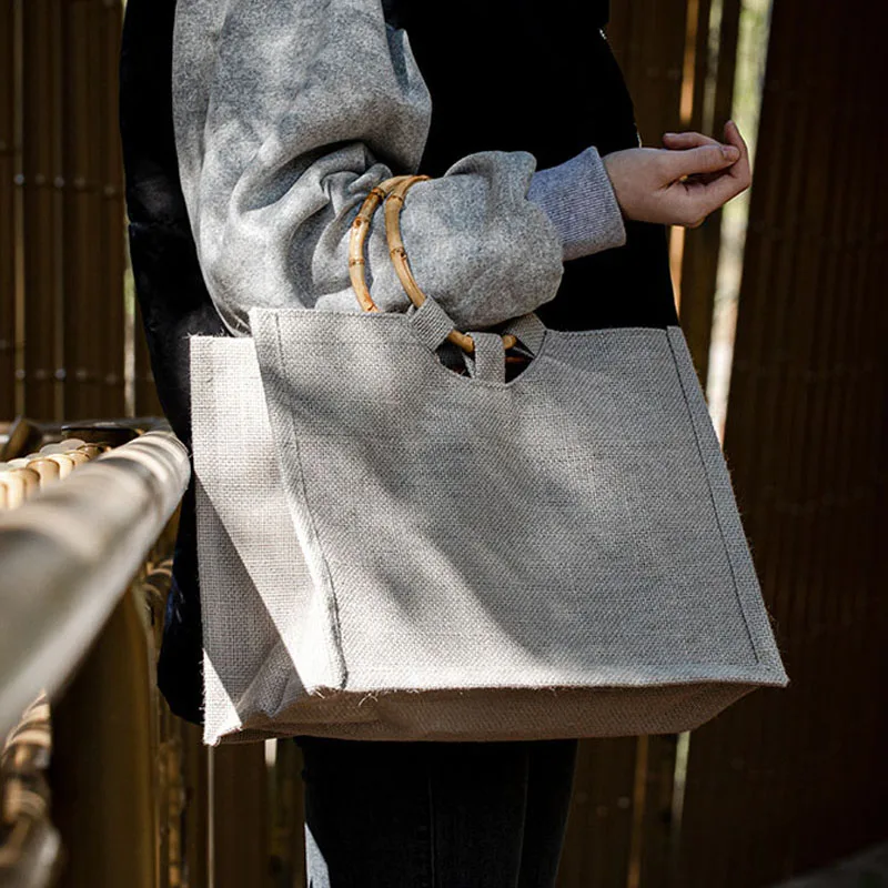 

Portable Burlap Jute Shopping Bag Cotton Linen Handbag Bamboo Loop Handles Tote Retro DIY Bag Women Big Size Beach Bag For Girls