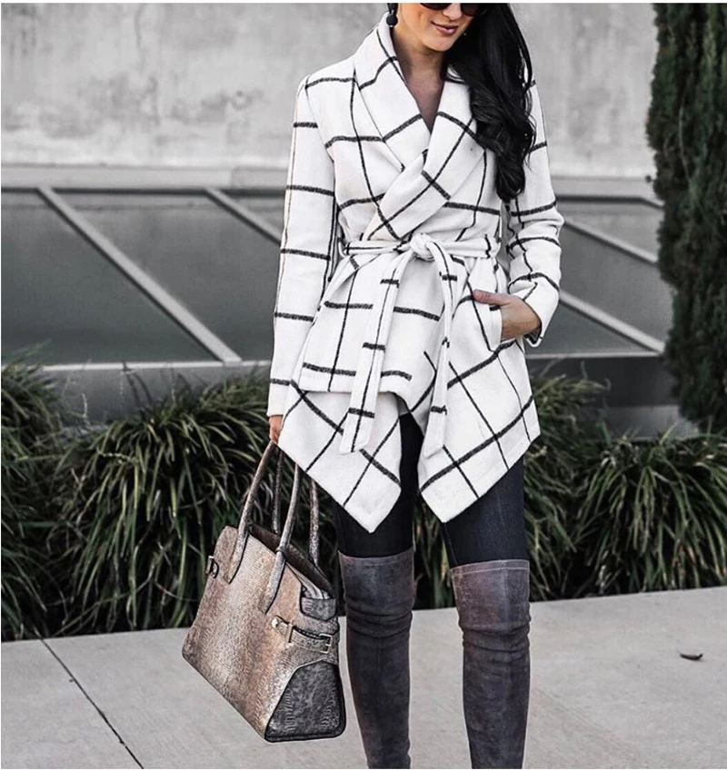 

Women Elegant Fashion With Belt Loose Woolen Jacket Plaid Tunic Long Sleeve Chic Outerwear Ladies Overcoat Autumn Winter Nice