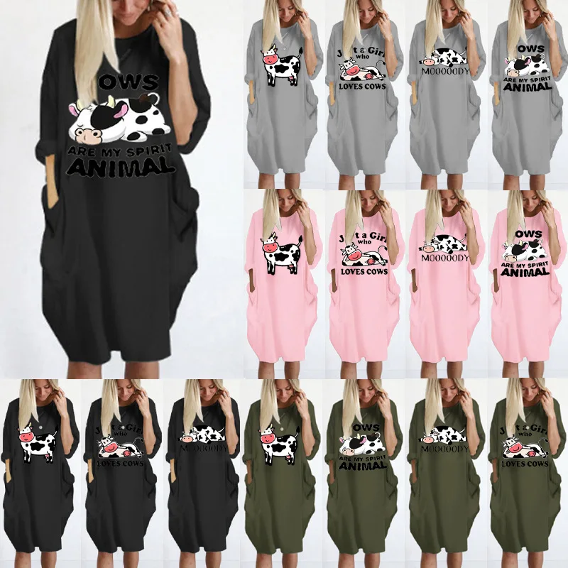 

BEAUTY KEEPER Fall Winter Women's Cow Print Loose Pocket Casual Round Neck Long Sleeve Dress T-shirt Cute Clothing Women