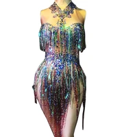 multicolor tassel sparkling sequins rhinestones bodysuit women sleeveless backless bodycon nightclub party dance show wear