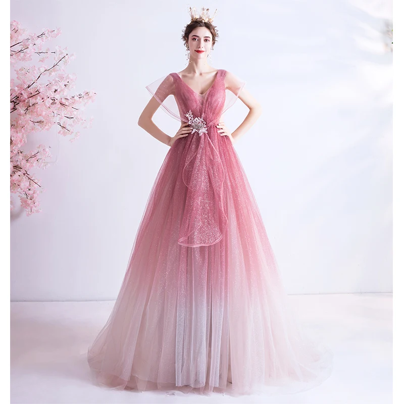 Pink Evening Dress A-line V-neck Sequins Tulle Long Formal Elegant 2020 New Party Dresses Gowns Vestido De Festa JK82 | Свадьбы и