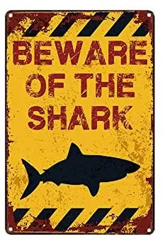

Oulili Metal Sign Warning Beware of The Shark Tin Sign Retro Plaque Poster 8X12 Inch Wall Decor