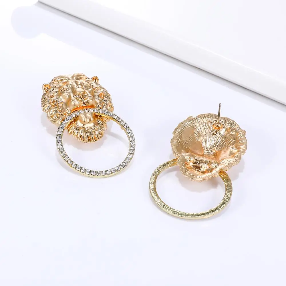 

EASYA 2020 New Fashion Lion Head Earrings Exaggerated Crystal Geometric Stud Earrings For Women Girls