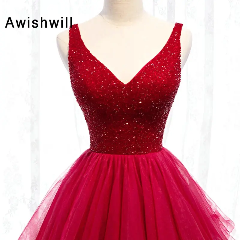 

New Fashion Burgundy Long Evening Dress 2020 Robe de Soiree Crystal Beadings Tulle Lace-up Back Sleeveless Women Formal Dress