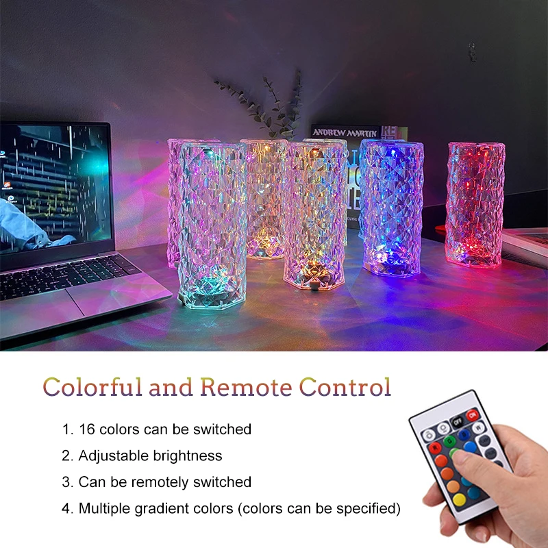 

LED Crystal Desk Light Romantic Projection Table Lamp USB Bedroom 16 Colors RGB Night Light for Bar Bedroom Decoration Gift