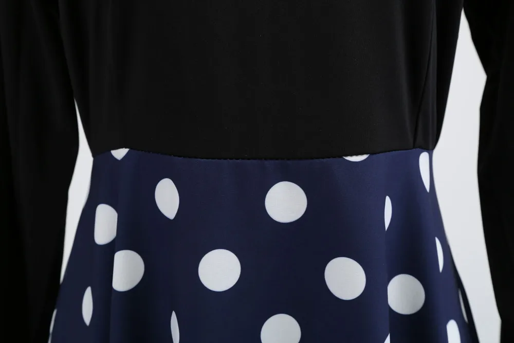 Женское вечернее платье в горошек с круглым вырезом стиле ретро Черное мини