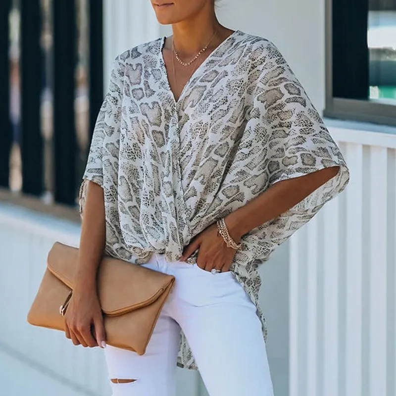 

Print Shirts for Women 2021 Summer Bat Short Sleeve Chiffon V-Neck Shirt Ladies Tops Camisa Femenina Blouse Large Size New