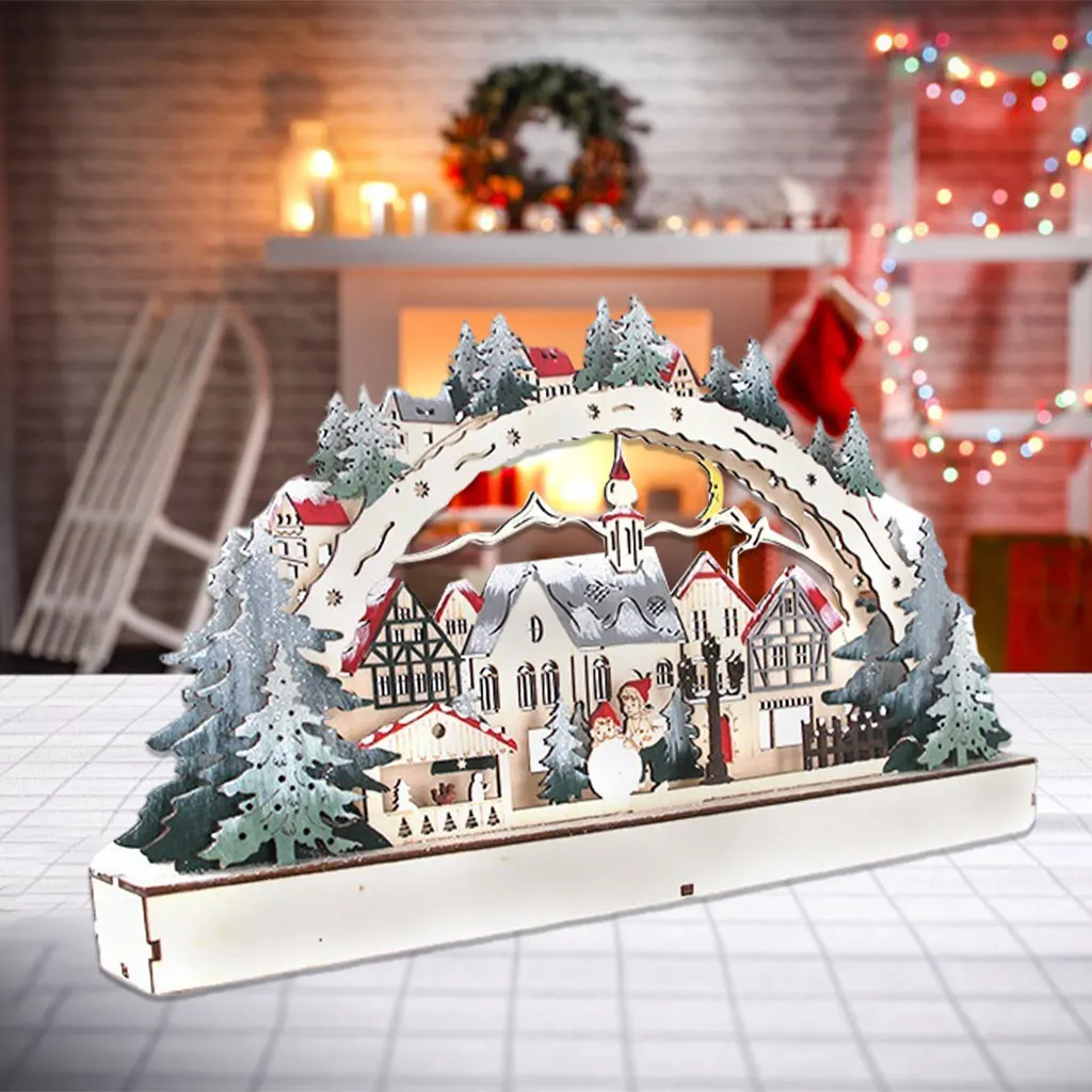 

Wooden Mini Christmas Scene House Bridge Light Music Village Dollhouse Home Desktop Fairy Garden Festival Decor