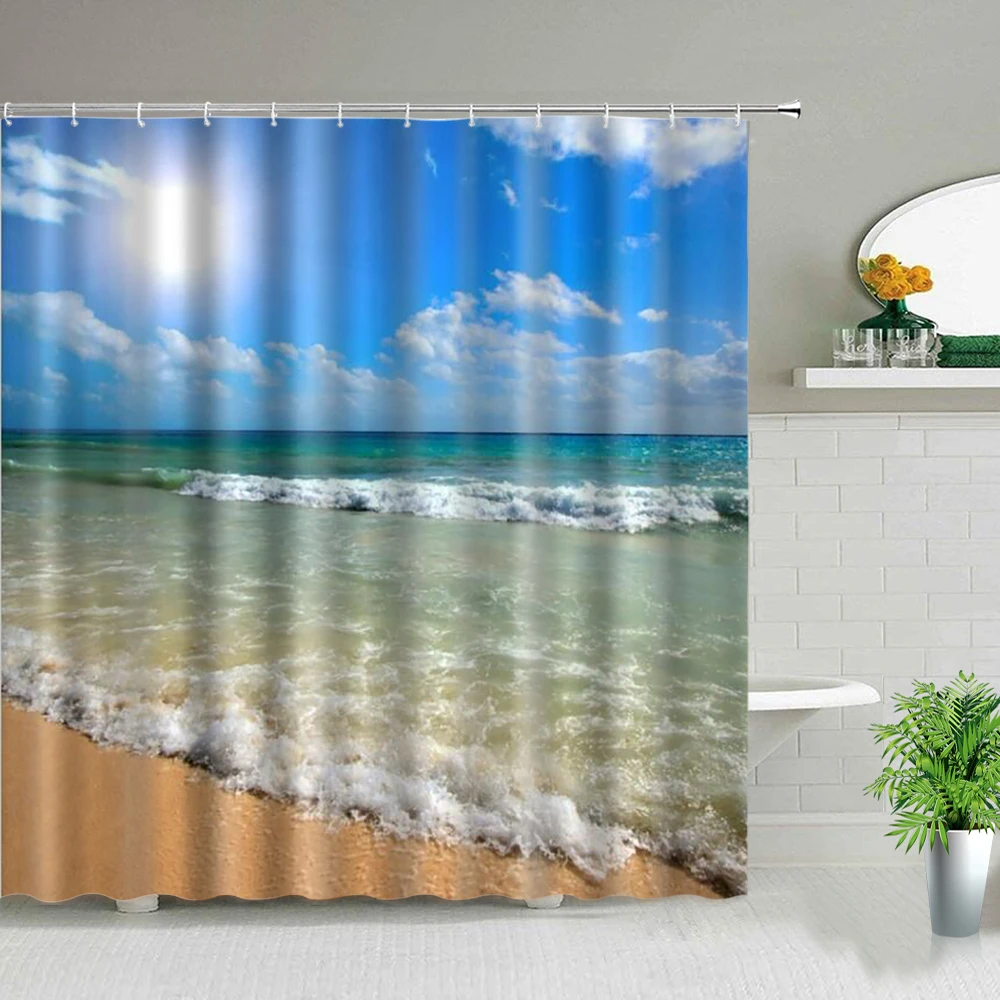 

Beautiful Seaside Scenic Beach Blue Sky Shower Curtains Waterproof Printed Bathroom Curtain Polyester Frabic Bathtub Home Decor