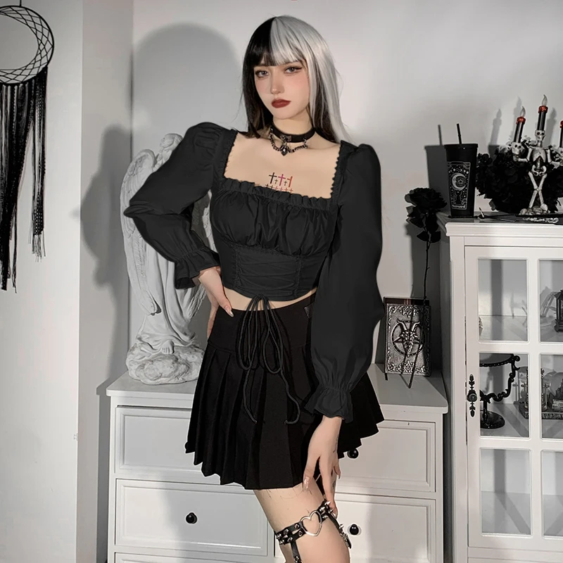 Женская Винтажная футболка на шнуровке с квадратным вырезом и длинным рукавом |