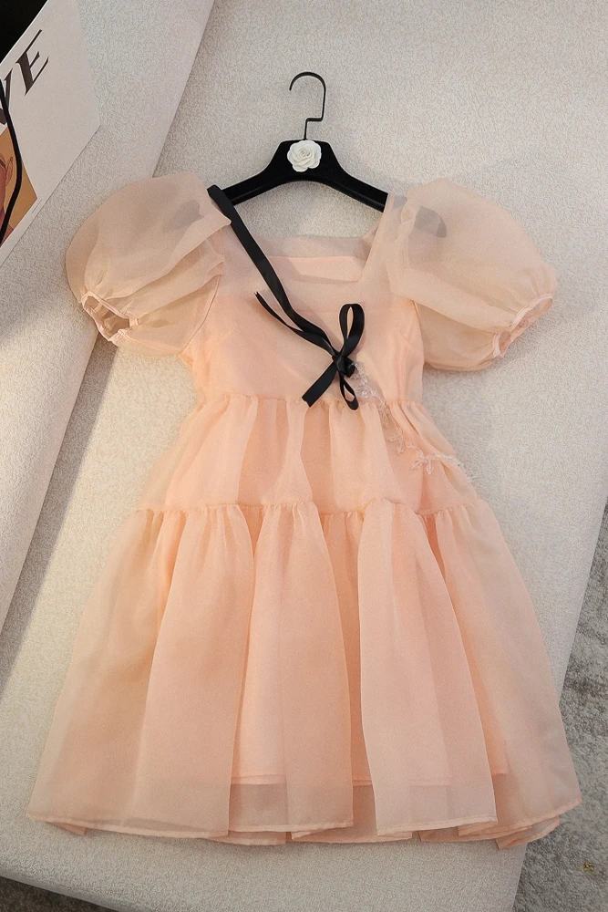 

2021 Summer New Short Bubble Sleeve Square Collar Short Dress Chain High Waist Sweet Dress Women A-line Fairy Clothes
