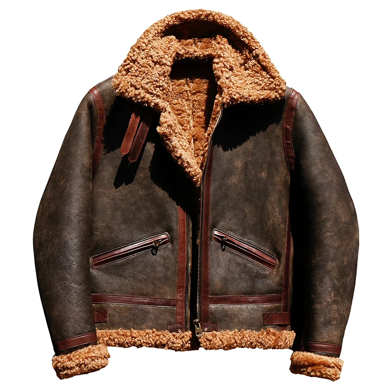 

US CDB3-6 European Size High Quality Super Warm Genuine Sheep Leather Coat Mens Big B3 Shearling Bomber Merino Fur Jacket