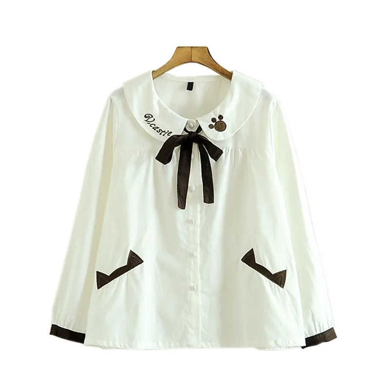 

MERRY PRETTY Women Letter Embroidery Blouse Preppy Style Long Sleeve Cotton Shirts Fashion Bow Turn Down Collar White Tops Blusa