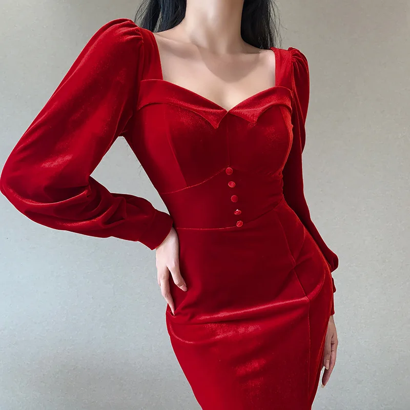 

Vintage Velvet Black Ladies Dress Gothic Long Sleeve High Waist Split Dress Women Elegant Sexy Party Clubwear Autumn Dresses