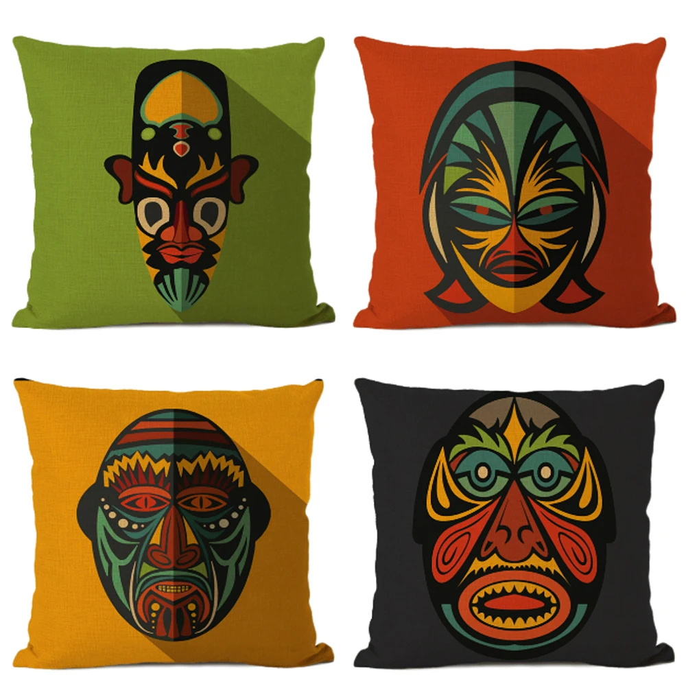 

African Ethnic Tribe Totem Cotton Linen Cushion Cover Symbol Colorful Mask Printed Gallery Art Decor Pillow Case Fundas De Cojin