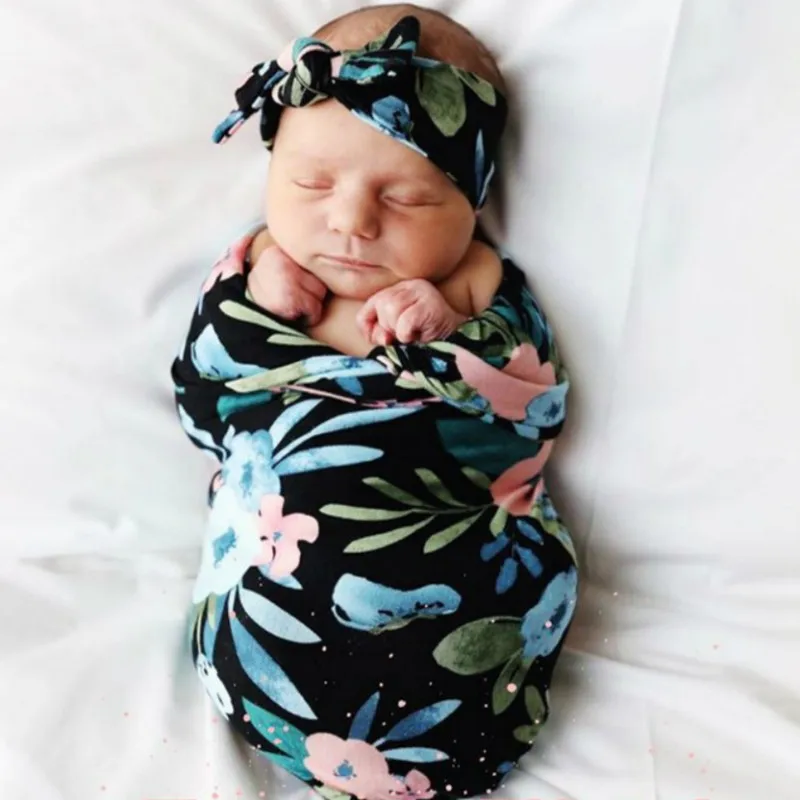 

Newborn Baby Swaddle Blanket And Infant Hat Headband 3 Pcs Set Baby Printed Sleeping Bag Photography Prop New Arrival 0-3M