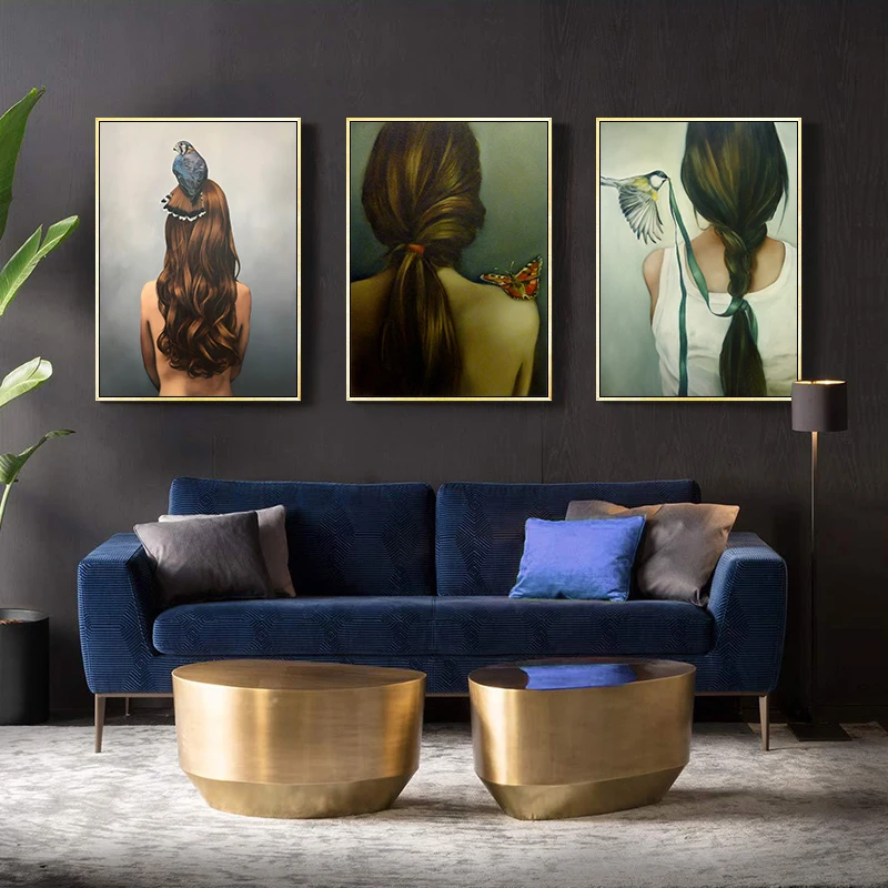 

Fashion abstract poster flower bird feather woman canvas wall art print picture decoration living room decoration painting
