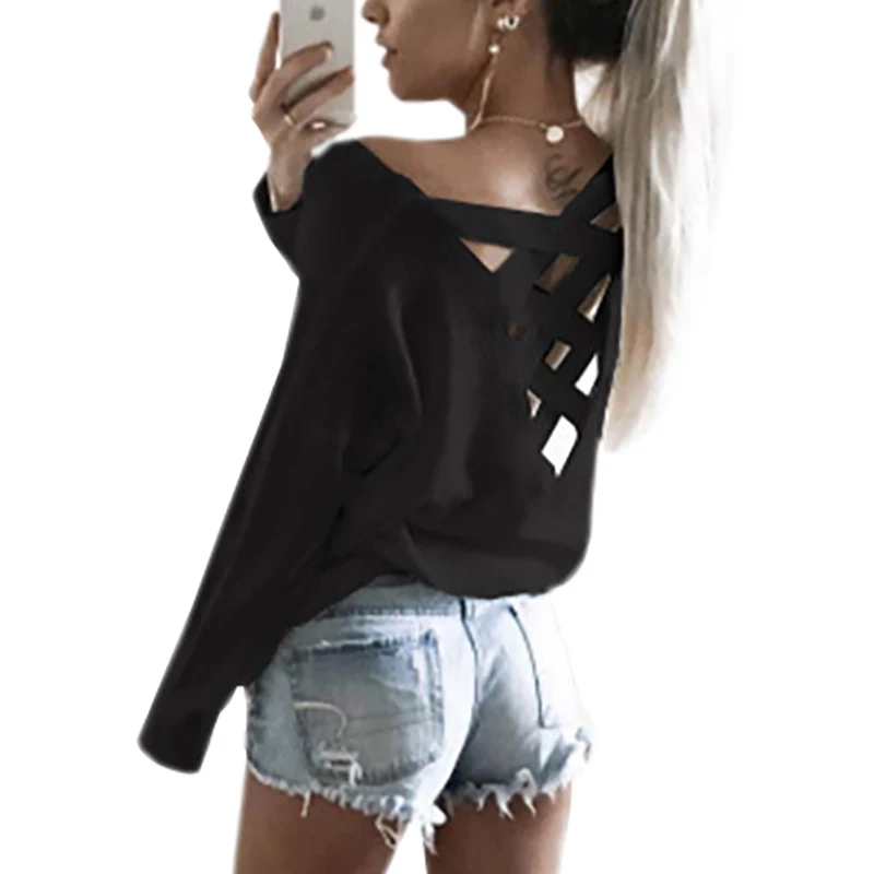 Женские футболки с открытой спиной 2020 длинным рукавом однотонные сексуальные