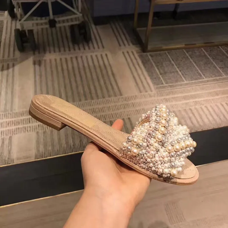 Модный жемчужный бисер с украшением женские комнатные тапочки дизайнерские