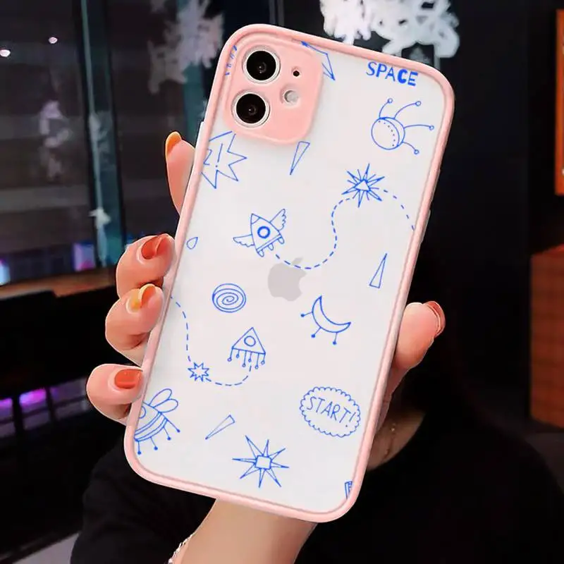 

Cute Space Planet Stars Phone Case For iPhone 12 11 Mini Pro XR XS Max 7 8 Plus X Matte transparent Pink Back Cover