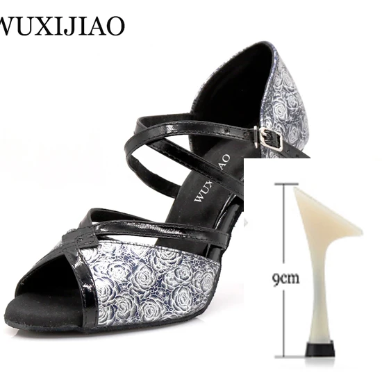 black heel 9cm WUXIJIAO розовый узор PU материал черные золотые латинские женские туфли для танцев сальса танцевальные вечерние со стразами Бальные Танцевальные Туфли 9 см - Цвет: black heel 9cm