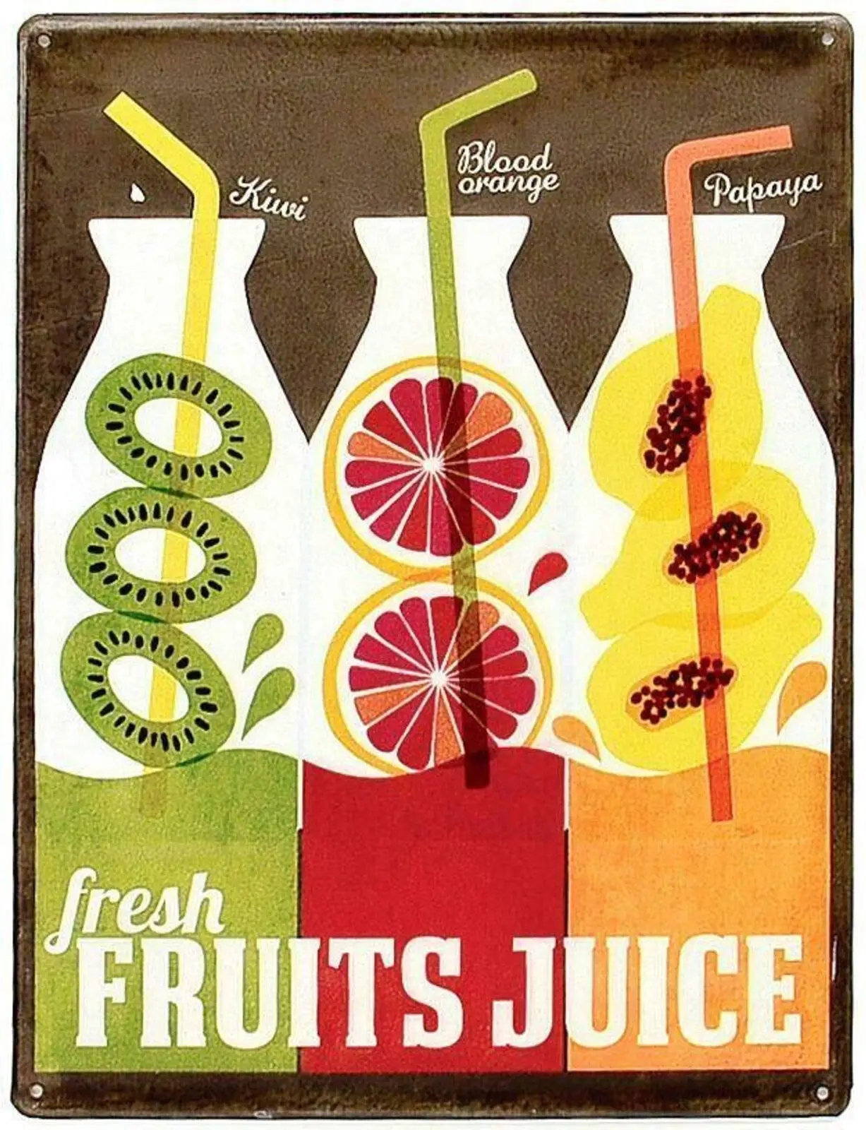 

Keystone Emboss Plate Kiwi Orange Papaya Fresh Fruits Juice Cafe Tin Sign Board 8x12 Inch Metal Wall Panel