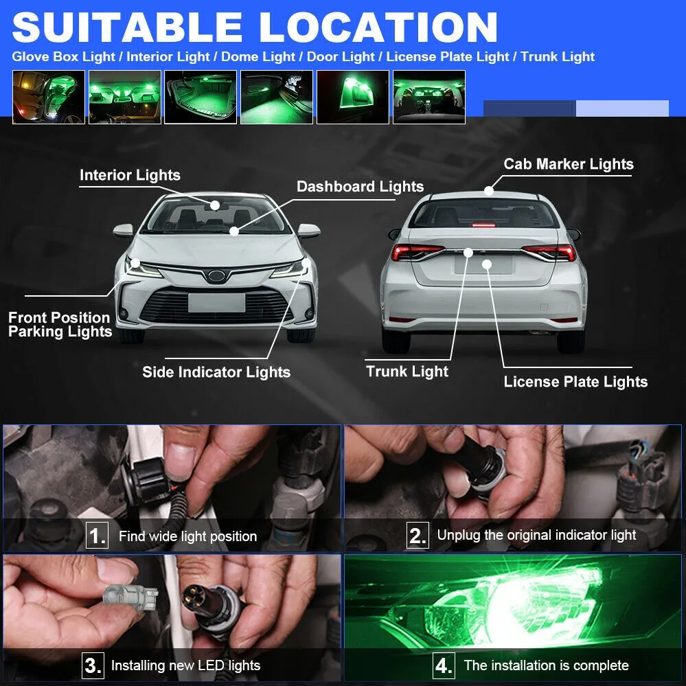 

158 T10 COB Light Bulbs 168 194 20 Pcs 24x9x8 Mm 6000K Car DC 12V Dome Green