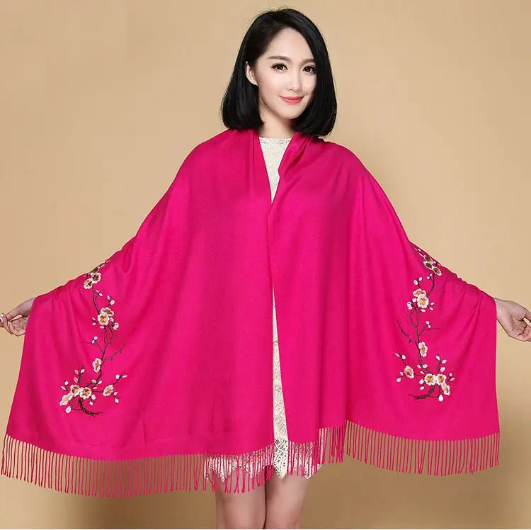 rose red Женские кашемировые шарфы с кисточками Цветочная вышивка пашмины 200*70 см длинные мягкие обертывания теплые женские зимние шали - Цвет: rose red