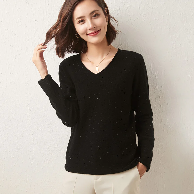 

2021 Autumn Winter New Soft Sequined Yarn V-Neck 100% Pure Wool Sweater Women's Pullover Loose-Wearing Lazy Basic Knitting Top