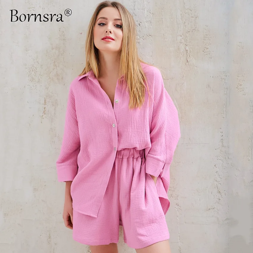 

Bornsra 2021 Women's Cardigan Shorts Two-piece Commuter Solid Color Niche Design Cotton Suit Spring/Autumn High Street Suit