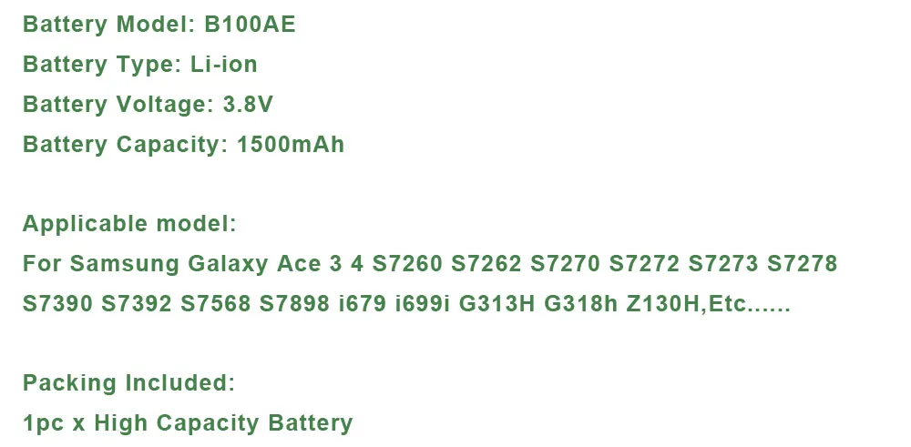 B100AE Батарея для samsung Galaxy Ace 3 4 S7260 S7262 S7270 S7272 S7273 S7278 S7390 S7568 S7898 G313H G318h Z130H B100AC Батарея